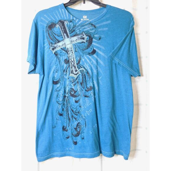 CJ Black Men's Cross T Shirt Sz. L Teal Black Velvet Y2K Grunge - Picture 5 of 6